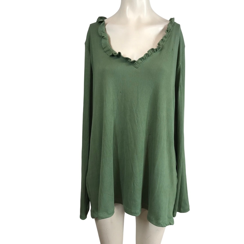 White Birch Olive Green Ribbed Ruffled V Neck Long‎ Sleeve Top Plus Size 3X